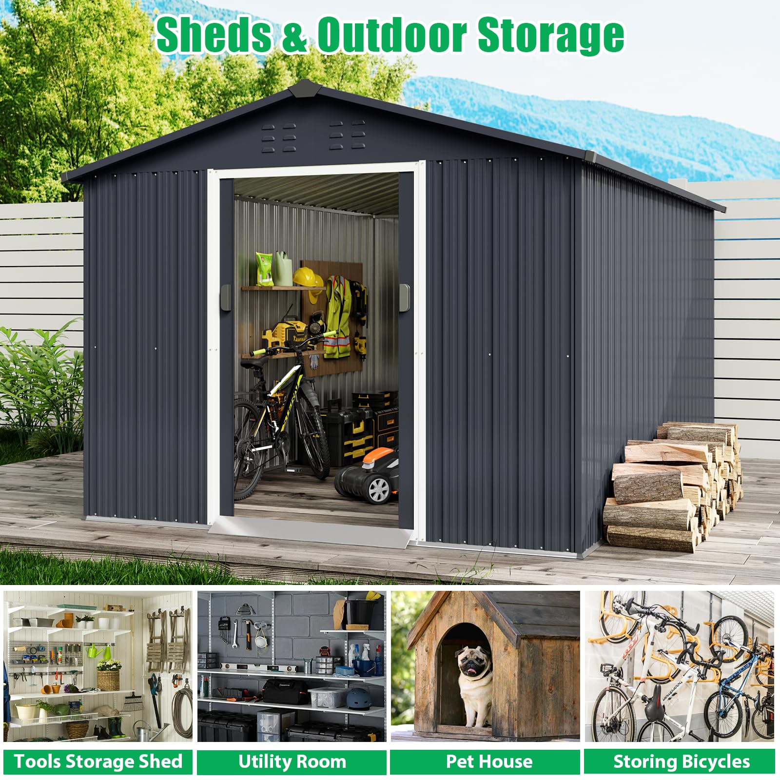 GarveeLife 8x15 Ft Outdoor Storage Shed, Steel Utility Tool Shed with Sloped Roof & Lockable Door, Backyard Garden Patio Lawn Outdoor Shed for Organising Tools and Equipment in Yard, Garden,  - WoodArtSupply