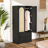 VINGLI Wardrobe Closet with Doors, Rattan Armoire Closet with Drawers & Hanging Rod, Armoire with Shelves, Wooden Wardrobe for Hanging Clothes, Black, 68.9" H VINGLI