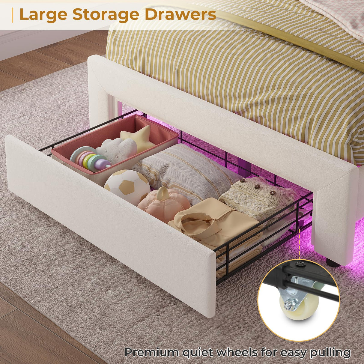 ADORNEVE Twin Size LED Bed Frame with Storage Drawer, Girls Twin Bed Frame with Adjustable Crystal Button Headboard, Velvet Princess Platform Bed for Girls, Solid Wooden Slats,Creamy White ADORNEVE