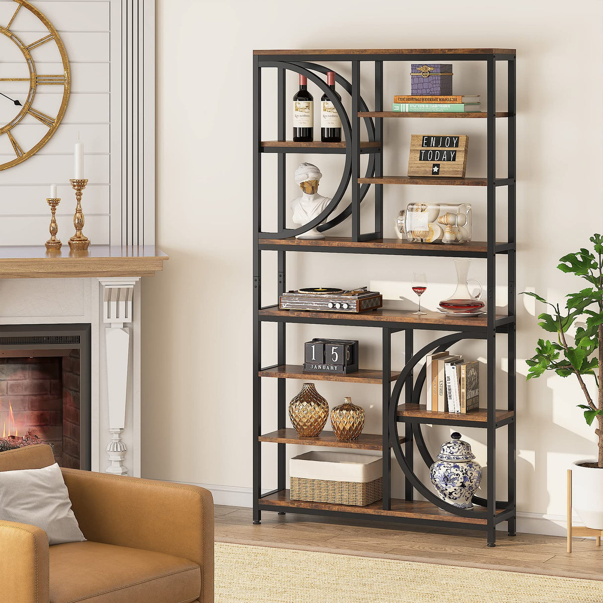 Tribesigns Industrial 8-Tier Etagere Bookshelf - 77-Inch Tall Open Display Unit in Brown/Black Tribesigns