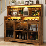 Loomie Wine Bar Cabinet with LED Light, Liquor Cabinet with Glass Holder, Coffee Bar Cabinet for Liquor, Storage Buffet Cabinet with Wine Racks, Wine Cabinet with Mesh Door (Rustic) Loomie