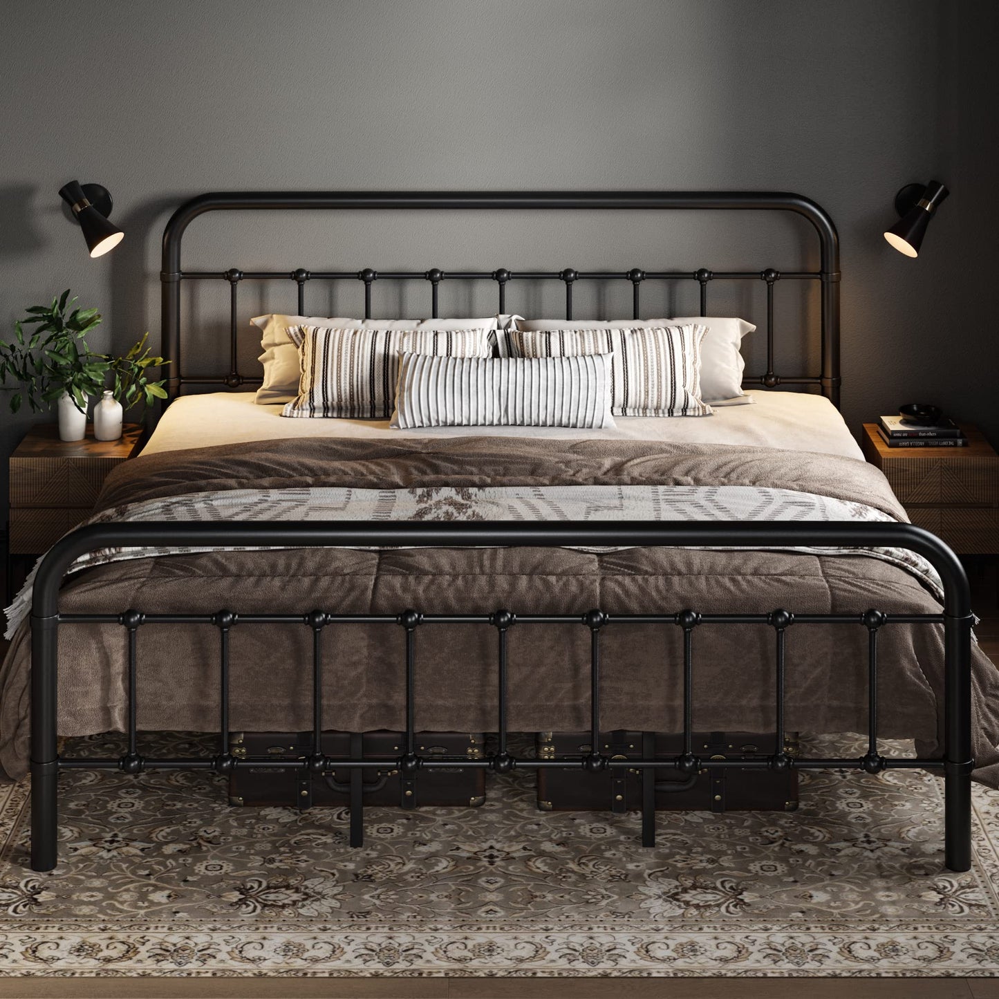 Allewie King Size Victorian Style Metal Platform Bed Frame with Wrought Iron Headboard and Footboard - No Box Spring Needed, Black - WoodArtSupply