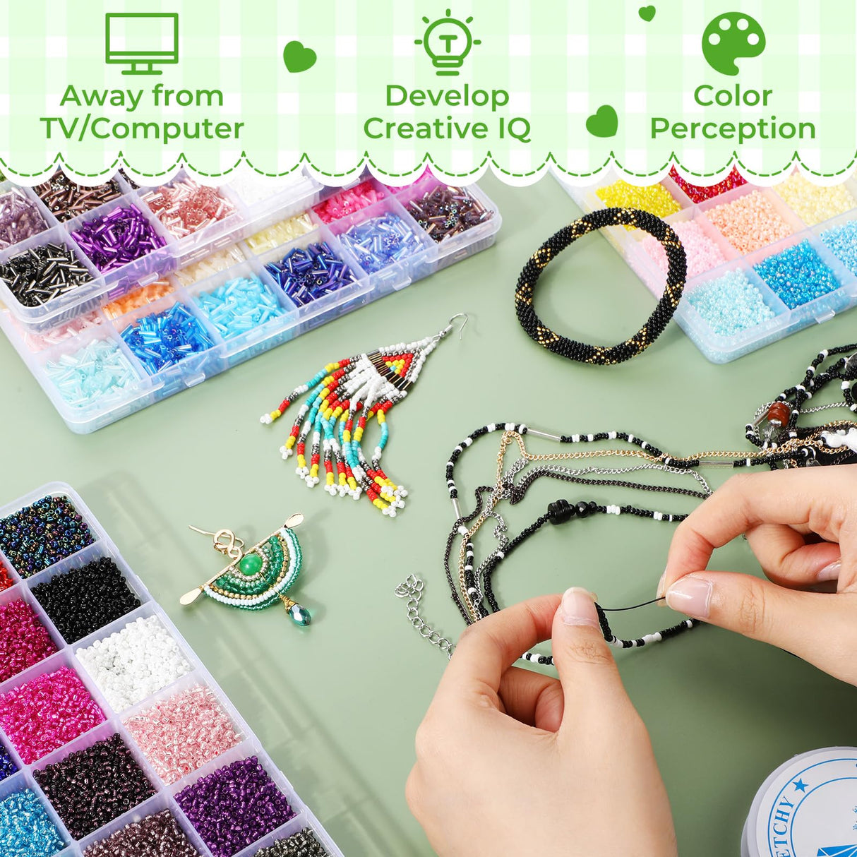 Tondiamo 32000 Pcs 2mm Glass Seed Beads and 12000 Pcs 7mm Tube Beads Set, Small Craft for DIY Bracelet Necklaces Crafting Jewelry Making Supplies with Beading Needles Elastic Strings, 48 Colors Tondiamo