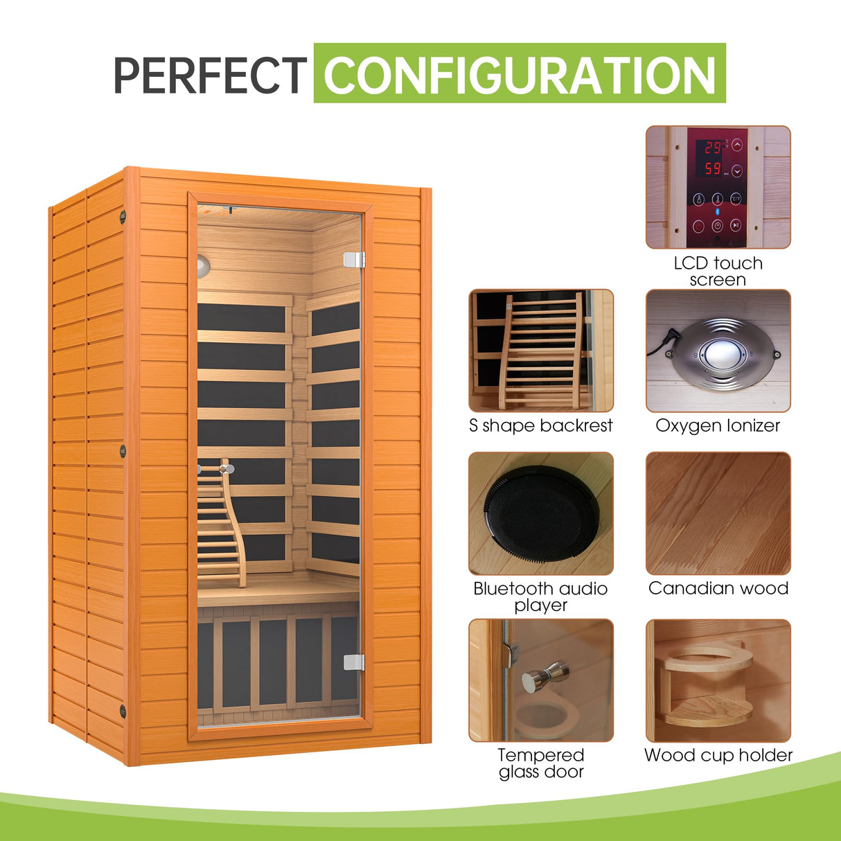 Real Relax Near Zero EMF Canadian Hemlock Wood 9 Chromo Therapy Lights, Oxygen Lonizer, Bluetooth Speakers for Home Spa Days Sauna Room, 1-2 Persons Real Relax