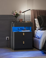 WLIVE Black Nighstand with Charging Station and LED Lights, Night Stand with Sliding Top, Modern Bedside Table with 2 Drawers, End Tables for Bedroom, Living Room, Black WLIVE