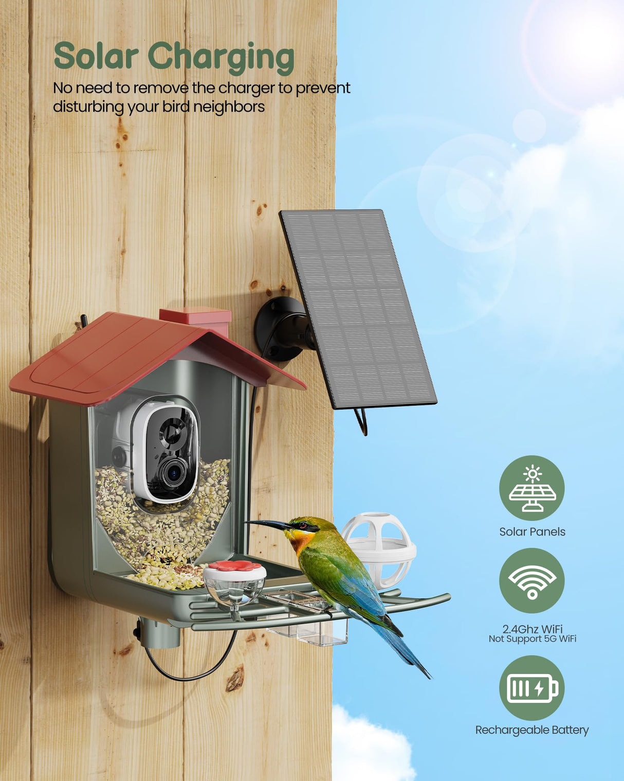 PEEIPM Bird Feeder with Camera Solar Smart Bird House with Camera Outdoor Garden Feeders for Bird Auto Capture Bird Videos Wild Birds Watching Cam 2K Resolution AI Recognition Visible Window PEEIPM