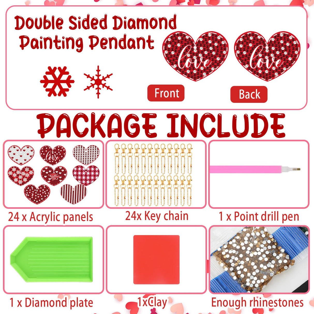 Outus 24 Pcs Valentine's Day Diamond Painting Keychains 5D Heart Shaped Double Sided Diamond Key Chain Kit Pendant Crafts Making for Valentine's Day Wedding Outus