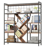 RALGEND Triple 5-Tier Bookshelf, Industrial Large Bookcase with 14 Open Display Shelves, Modern Tree Bookcase with Metal Frame and Hanging Function for Living Room, Home Office, Rustic Brown and Black RALGEND