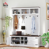 HOMCOM 3-in-1 Hall Tree with Shoe Storage, Standing Coat Rack with Shoe Bench, Entryway Furniture with Seven Hooks, White Wood Grain HOMCOM