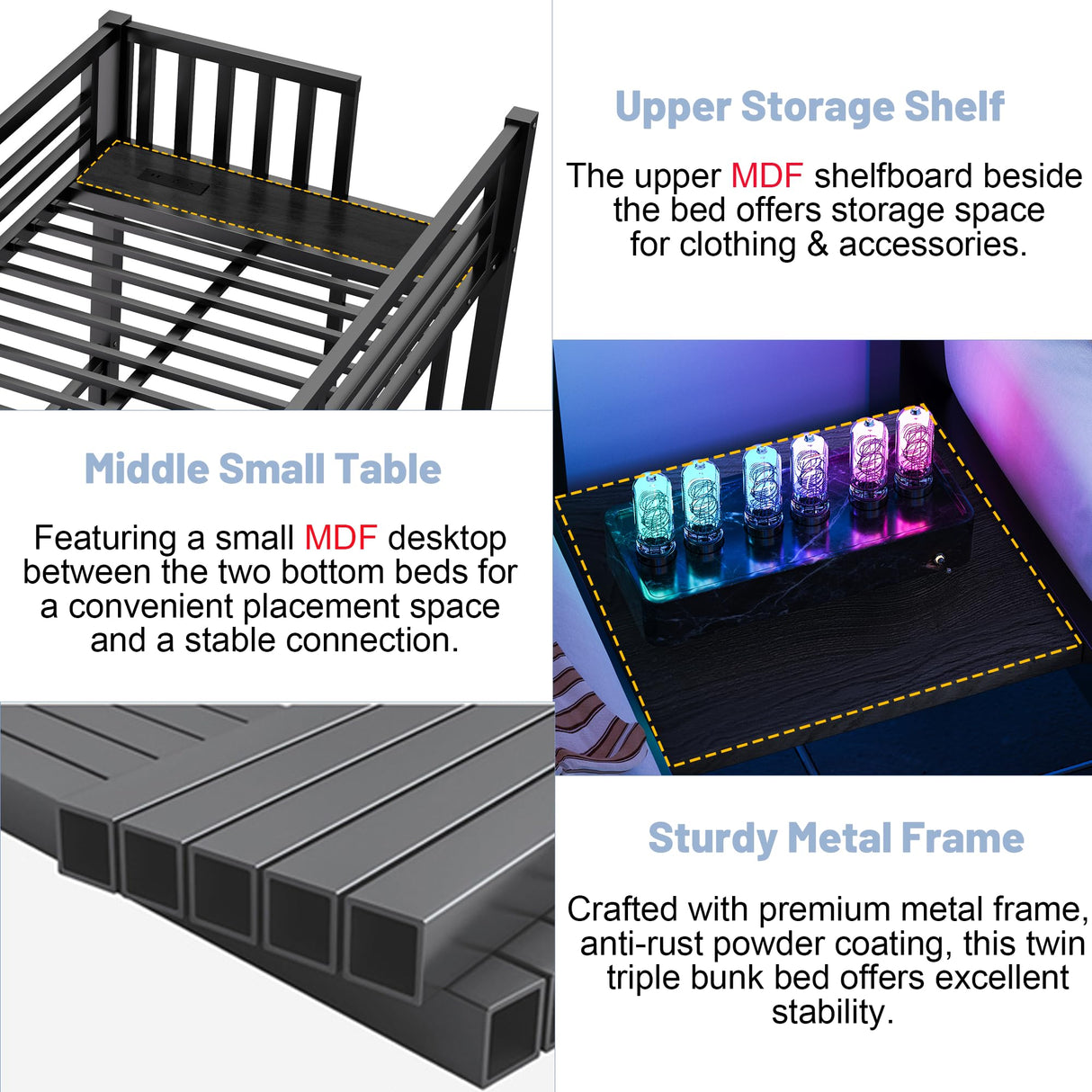 Triple Bunk Beds for Kids with LED Light,Metal 3 Beds Bunk Bed with USB Charge Station & Storage Shelf, Convertible Three Bunk Beds for Girls Boys Teens,Can be Separated into 3 Beds, Black MoproBeti