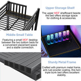 Triple Bunk Beds for Kids with LED Light,Metal 3 Beds Bunk Bed with USB Charge Station & Storage Shelf, Convertible Three Bunk Beds for Girls Boys Teens,Can be Separated into 3 Beds, Black MoproBeti