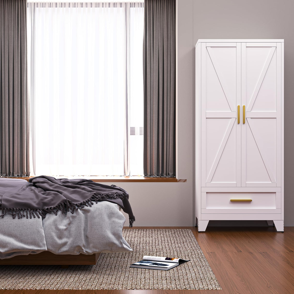 Washsemba 71'' Farmhouse Metal Wardrobe Cabinet with Hanging Rod, 2 Barn Door Wardrobe Closet with Adjustable Shelves,Drawer,for Dining Room,Bedroom,Living Room, Cloak Room,Office (White) Washsemba