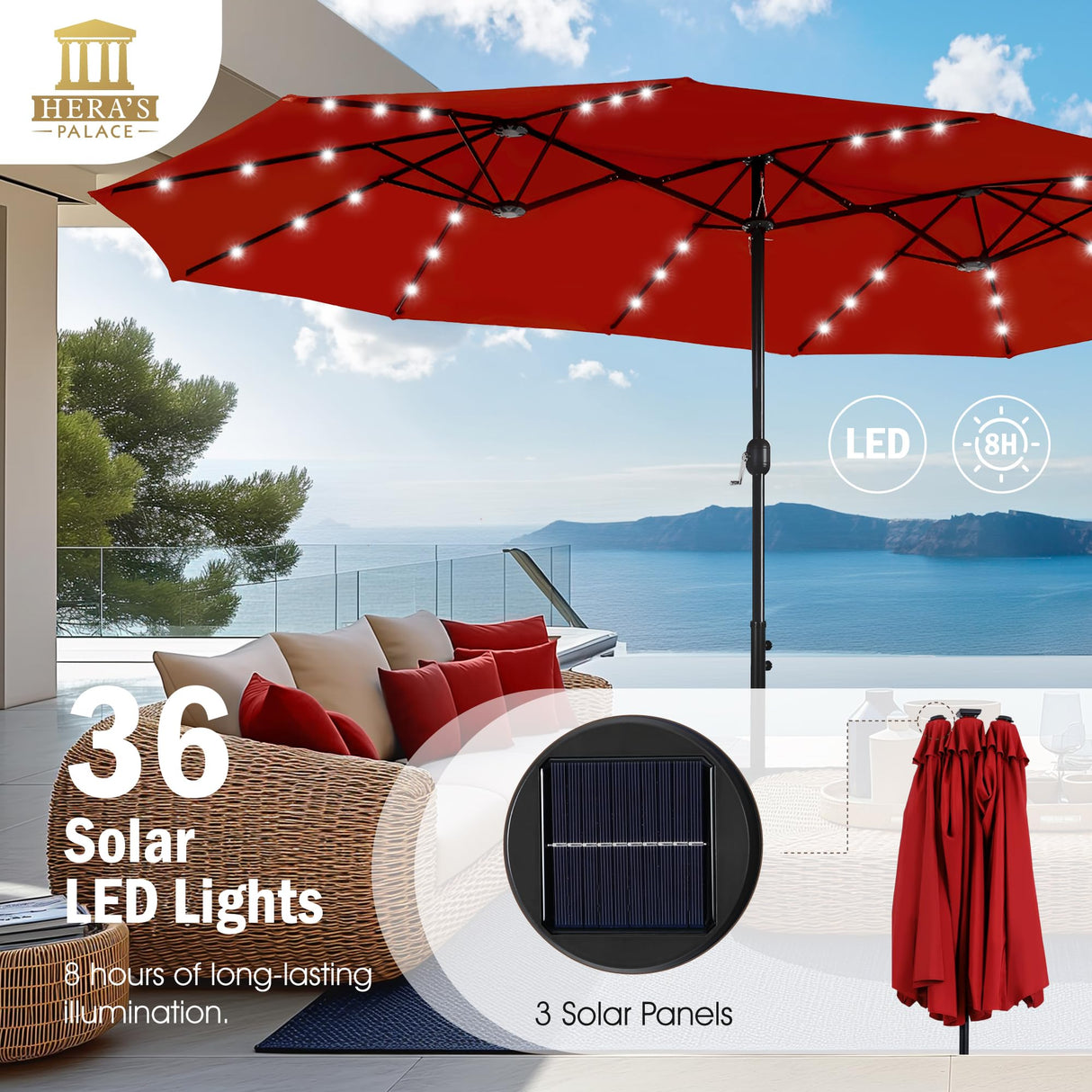 HERA'S PALACE 15 ft Patio Umbrella with 36 LED Solar Lights, Double Sided Outdoor Umbrella for Patio, Table Umbrella Outdoor Patio with Base for Garden Pool HERA'S PALACE