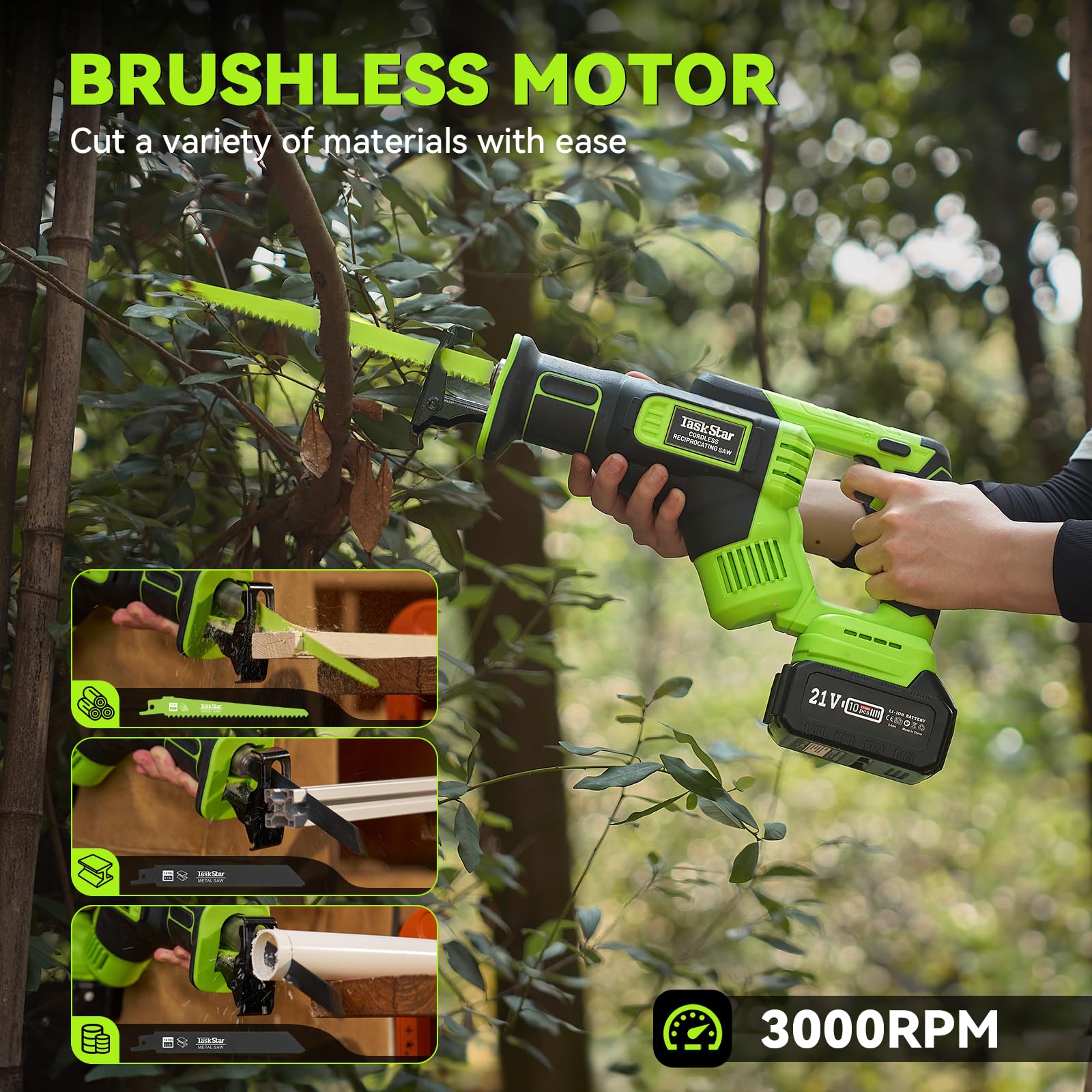 Reciprocating Saw Cordless, 3000 RPM Brushless Power Reciprocating Saw With 21V 2 x 4.0Ah Battery, 28mm Reciprocating Stroke, 8 Saw Tool-Free Blade Change for Wood Metal PVC Cutting - WoodArtSupply