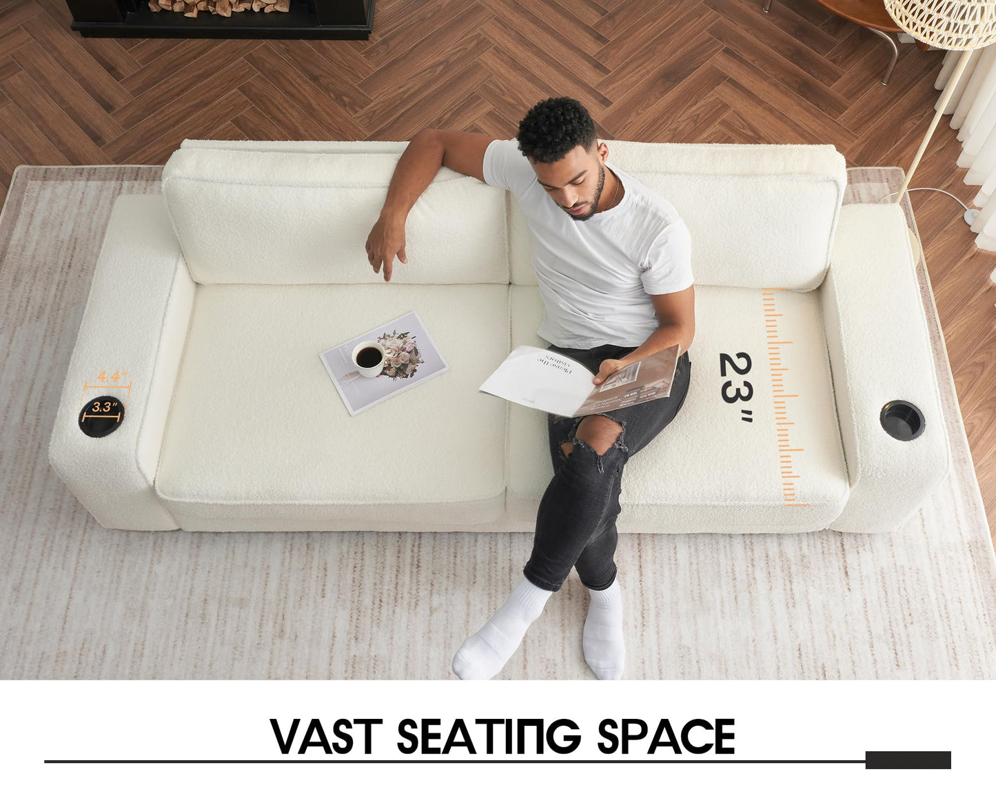 VanAcc Modern Sofa, 89in Comfy Couch with Cup Holders & USB Charging Ports, Offwhite Bouclé Couch- Deep Seat Sofa Couch for Living Room