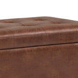 SIMPLIHOME Cosmopolitan Wide Transitional Rectangle Storage Ottoman Vegan Faux Leather, Assembled, for The Living, Entryway and Family Room, 34 inch, Distressed Saddle Brown SIMPLIHOME