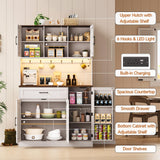 ONBRILL 71" Pantry Cabinet, Kitchen Pantry Storage Cabinet with LED Light & Outlet, Kitchen Hutch with Microwave Shelf & 6 Hook, Door Shelf & Drawer & Adjustable Shelf, Dining Room, Off White+Walnut ONBRILL