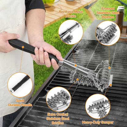 18" Bristle Free Grill Brush Barbecue Triple Scrubbers Cleaning Brush for Gas or Charcoal Grills,Compatible with Stainless Steel/Cast Iron/Porcelain Grill Grates