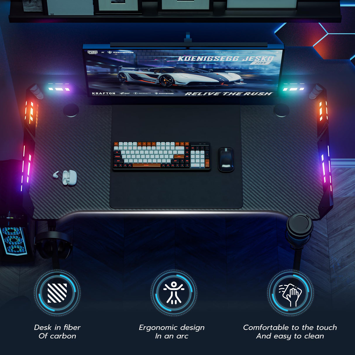 WEMUZVIU Gaming Desk with LED Lights - Ergonomic RGB Gaming Computer Table, 55 inch Carbon Fiber Surface Computer Desk PC Workstation with Cup Holder & Headphone Hook WEMUZVIU