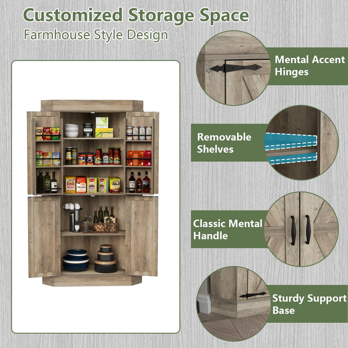 Gyfimoie Corner Cabinet,Kitchen Pantry Storage Cabinet,Freestanding Buffet Cabinet with 4 Doors and Shelves,Tall Food Pantry Cabinet Farmhouse Furniture with Side Rack for Kitchen Dining Room(Retro) Gyfimoie