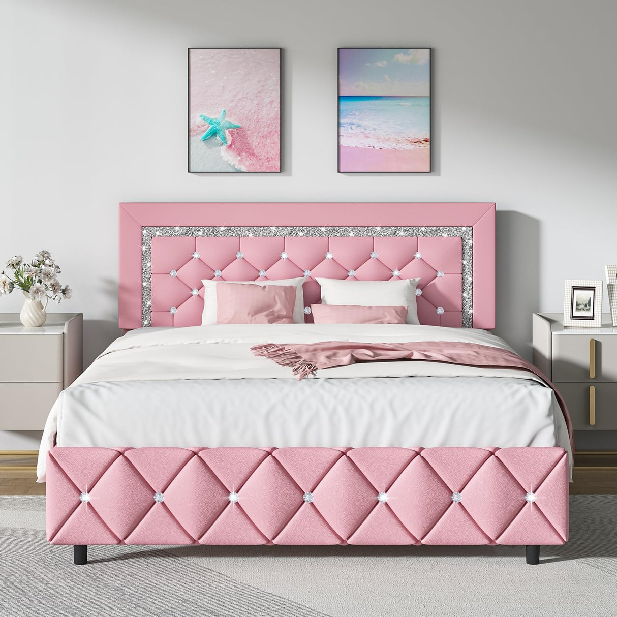 HOMBCK Full Size Bed Frame, Upholstered Pink Bed Frame Full Size with Diamond Tufted Headboard, Faux Leather Headboard & Footboard, Wooden Slats Support, No Box Spring Needed, Easy Assembly, Pink HOMBCK