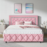 HOMBCK Full Size Bed Frame, Upholstered Pink Bed Frame Full Size with Diamond Tufted Headboard, Faux Leather Headboard & Footboard, Wooden Slats Support, No Box Spring Needed, Easy Assembly, Pink HOMBCK