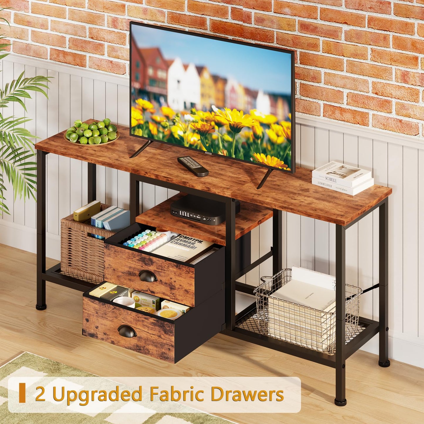 Furologee TV Stand with 2 Fabric Drawers, 42 Inch Small Entertainment Center with Open Storage Shelves, Media Console Table for Bedroom, Living Room, Rustic Brown - WoodArtSupply