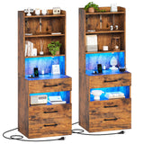 AOGLLATI Tall Night Stand Set of 2, Nightstand with Charging Station and LED Lights, Rustic Brown Bedside Table with Bookshelf, 3 Drawers and Open Shelves, Modern End Side Table for Bedroom AOGLLATI