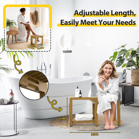 Adjustable Shower Benches for Inside Shower Length 26.4'', Acacia Wood Shower Bench Waterproof, 440lbs Bathroom Bench with Storage for Shaving Legs Spa Sauna, Shower Chair for Adults Seniors Elderly WXCOPON