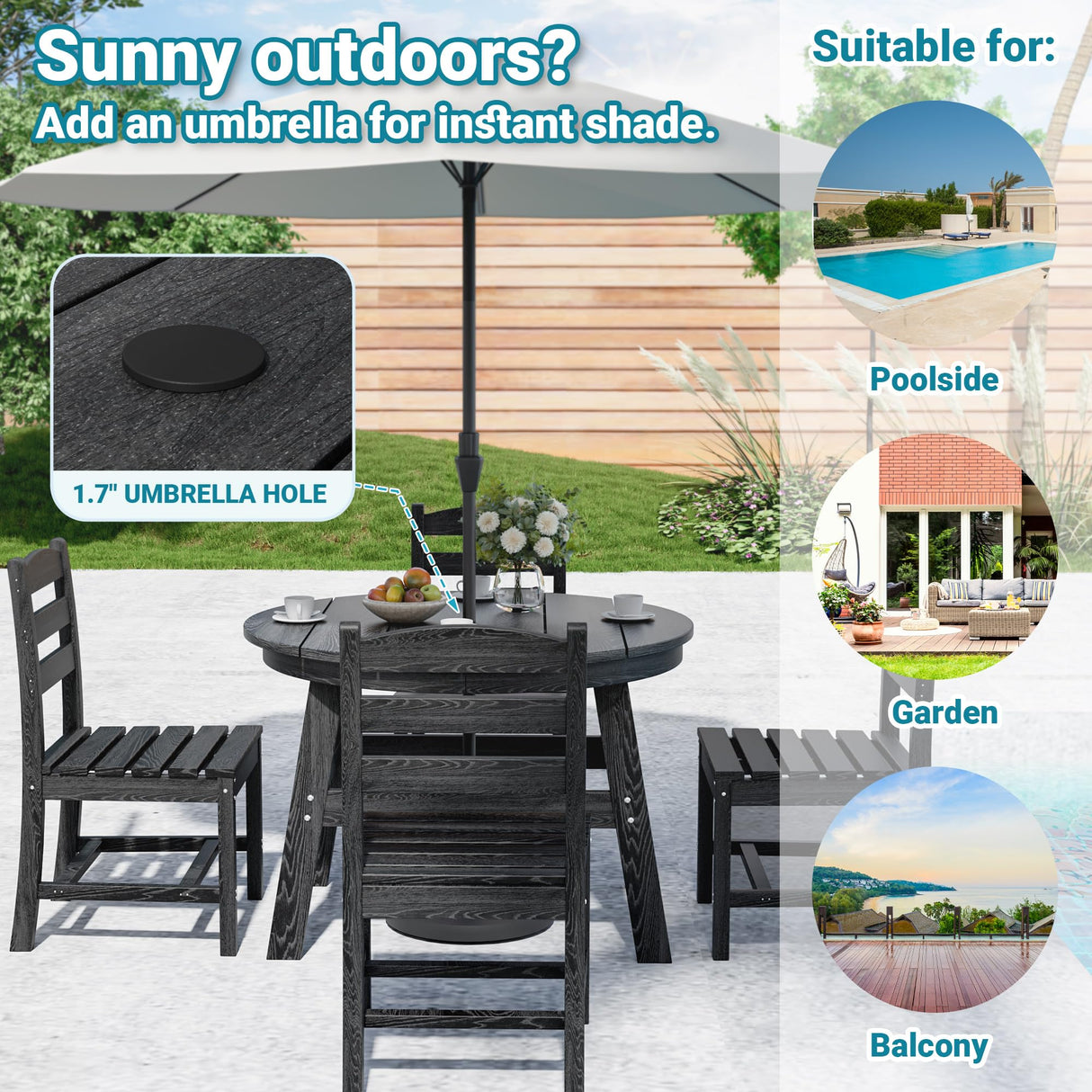 PamapicLife 5 Piece Round Outdoor Dining Set, Relaxing HDPE Outdoor Table and Chairs with 105° Ergonomic Backrest, All-Weather Patio Table and Chairs Set with Umbrella Hole for Porch, Poolside, Black PamapicLife