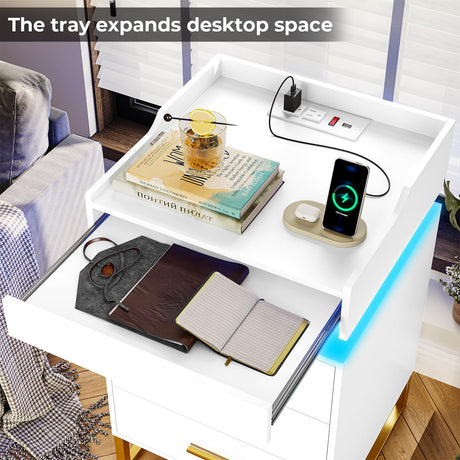 BTHFST LED Nightstand Set of 2 with Charging Station, Large Night Stand with 3 Drawers and 1 Pull-Out Tray, Modern Bedside Table with LED Lights, End Side Table with Storage, White and Gold BTHFST