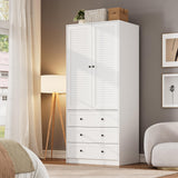 Senfot Armoire Wardrobe Closet with 3 Drawers and 2 Doors, Modern Wooden Wardrobe Cabinets for Hanging Clothes, Tall Standing Bedroom Armoires, Heavy Duty, White Senfot