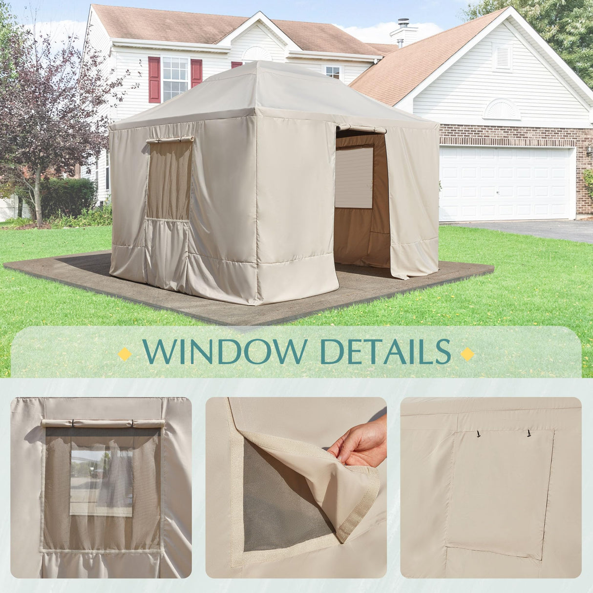 EROMMY Gazebo Cover for 10'x12' Gazebos,Outoor Waterproof Winter Gazebo Cover with Sidewalls and Mesh Windows,Convert Gazebo into a Storage Space,Beige(Gazebo not Included) EROMMY