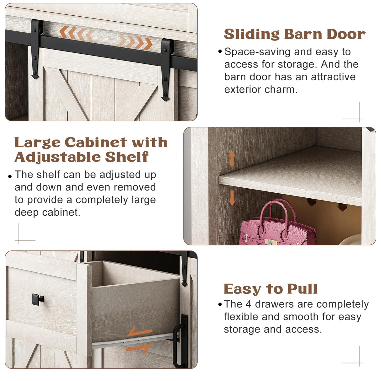 GlouMod Farmhouse Dresser for Bedroom, Sliding Barn Door Dresser with 4 Drawers Dresser Wood, White Dresser & Chest of Drawers, Kids Dresser TV Stand 47" GlouMod