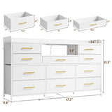 EnHomee Dresser for Bedroom with 11 Drawers for 60" TV Stand for Bedroom with LED Lights & Charging Station Long Dresser with Shelves & 4 Hooks Sturdy Metal Frame & Fabric Drawers (White) EnHomee