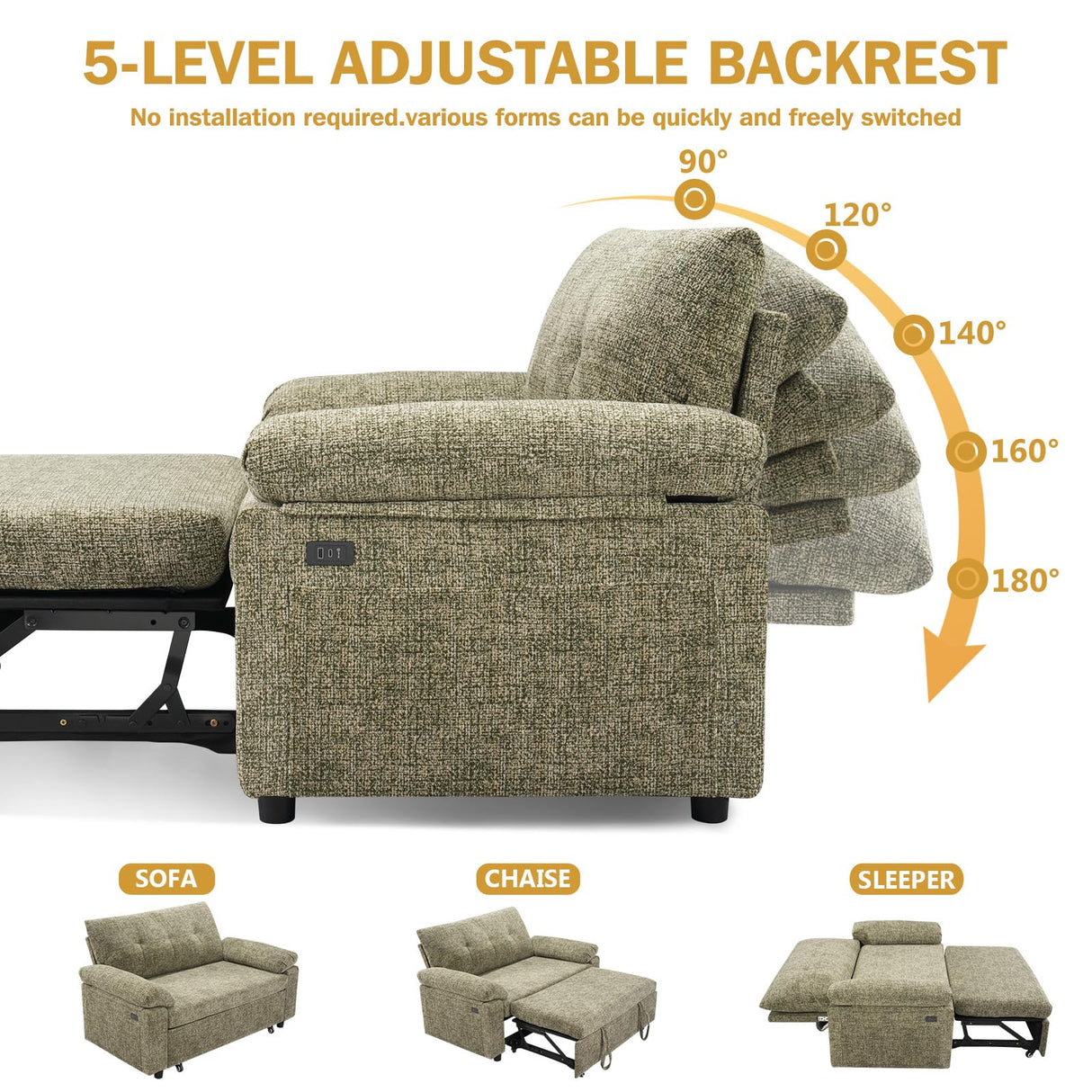 Sunny Heart Chenille 3 in 1 Convertible Sleeper Sofa Bed, Pull Out Couch Bed with USB Ports, Reclining Backrest, Side Pockets, Tool-Free Assembly, Loveseat Perfect for Living Room, Green Sunny Heart
