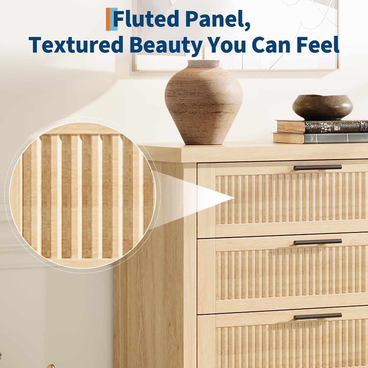 GarveeHome Fluted 4 Drawers Dresser for Bedroom, 35.4 in Tall Chest of Dressers for Closet, 4 Fluted Drawers with Metal Handle, Large Clothes Storage Cabinet for Bedroom, Nursery, Living Room, Natural GarveeHome