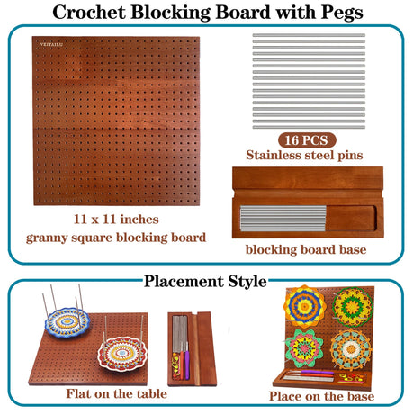 Crochet Blocking Board with 16 Pegs, 11x11 Inch: Granny Square Blocking Board - Gifts for Women, Mom, and Mother, Blocking Boards for Crochet Projects VEIYAILU