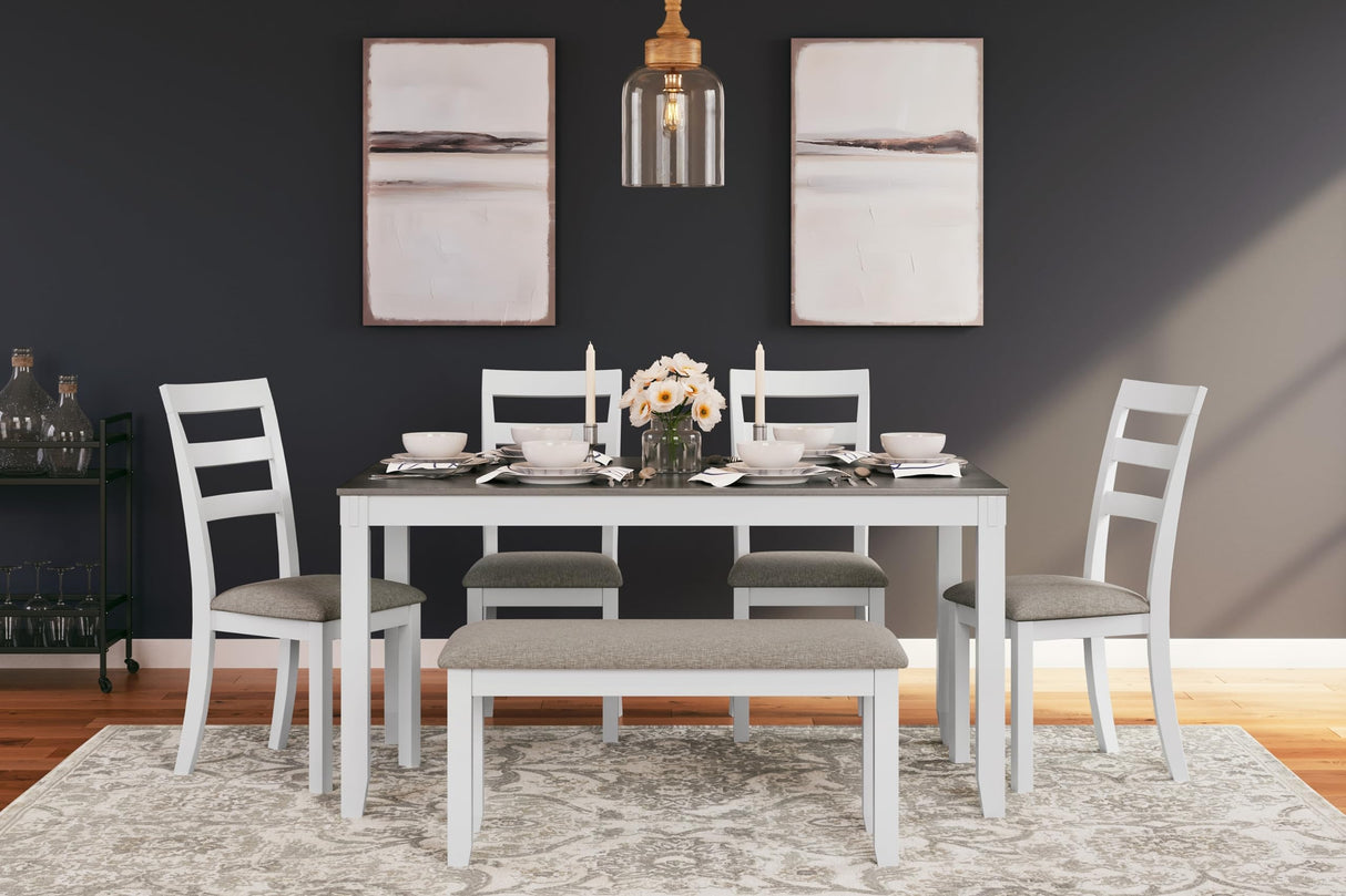 Signature Design by Ashley Stonehollow Modern Farmhouse Dining Table with Upholstered Chairs and Bench, Set of 6, 60"W x 36"D x 30"H, White & Gray Signature Design by Ashley