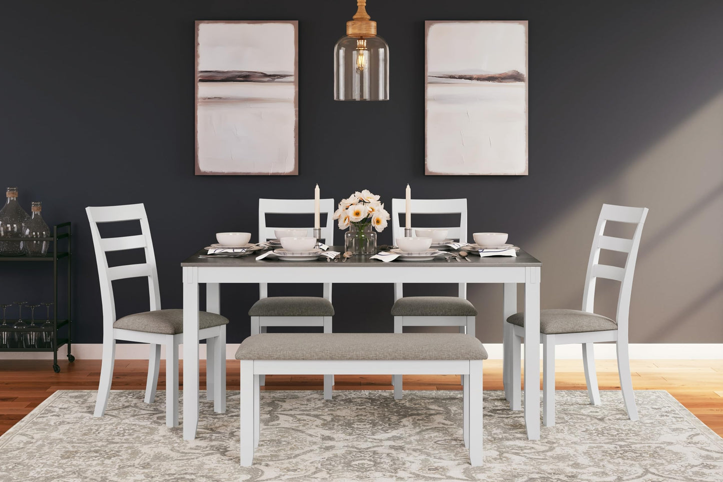 Signature Design by Ashley Stonehollow Modern Farmhouse Dining Table with Upholstered Chairs and Bench, Set of 6, 60"W x 36"D x 30"H, White & Gray - WoodArtSupply