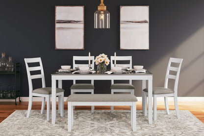 Signature Design by Ashley Stonehollow Modern Farmhouse Dining Table with Upholstered Chairs and Bench, Set of 6, 60"W x 36"D x 30"H, White & Gray - WoodArtSupply