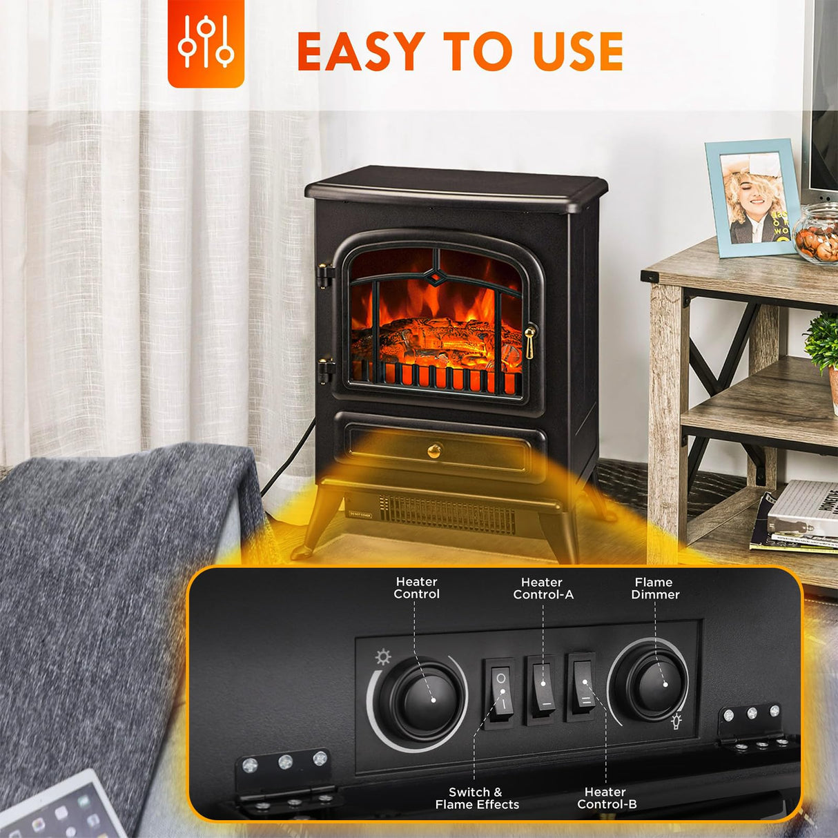 22" Electric Fireplace Heater,Freestanding Fireplace Stove with Realistic Flames,1000/1500W Fireplace Heater with Overheating Protection,Adjustable Flame Brightness(Black) Joy Pebble