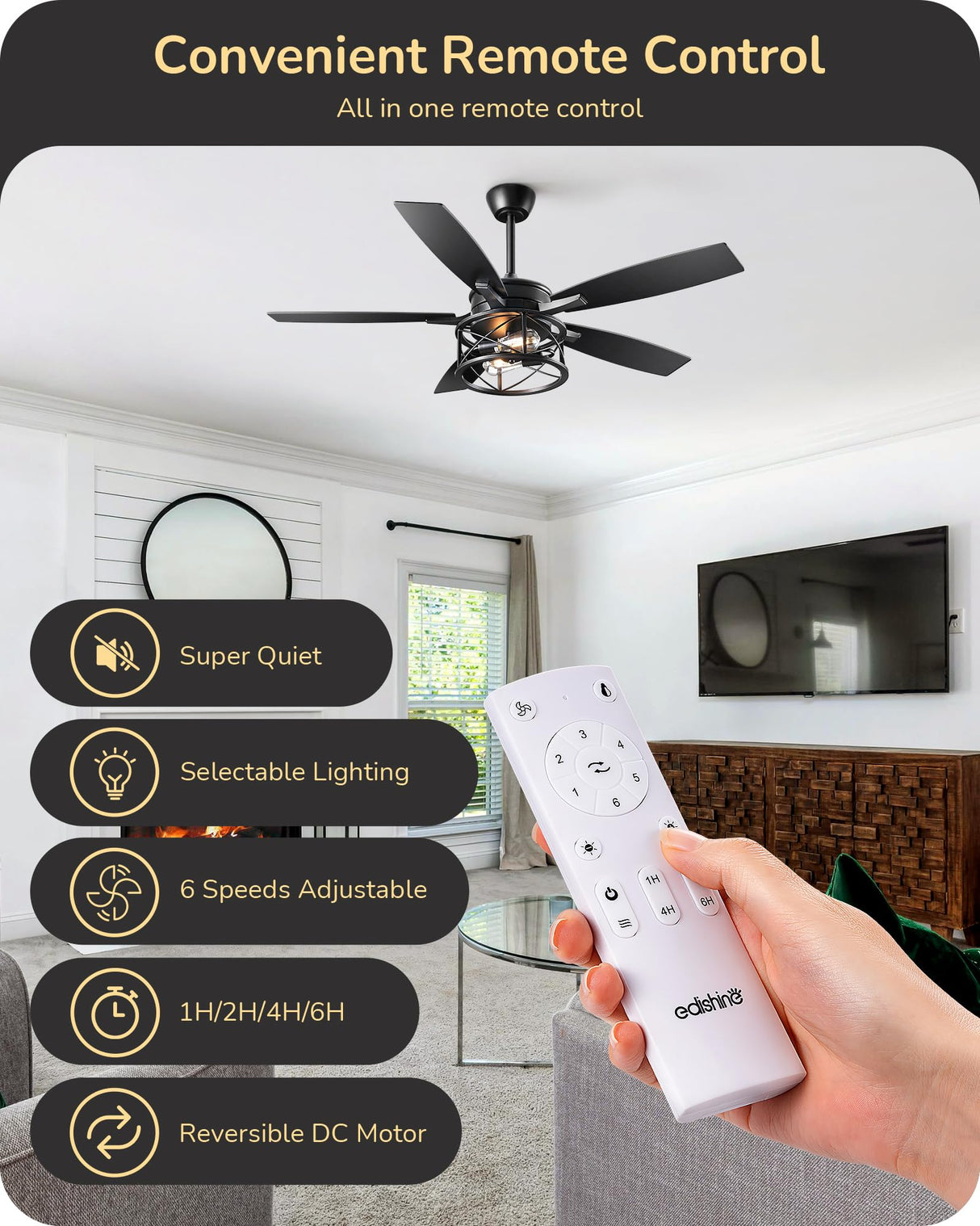 EDISHINE 52" Black Farmhouse Ceiling Fans With Lights, Remote Control, Reversible DC Motor, Dimmable, 5 Wooden Blades Rustic Indoor/Outdoor Ceiling Fan for Living Room Bedroom Porch EDISHINE