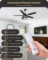 EDISHINE 52" Black Farmhouse Ceiling Fans With Lights, Remote Control, Reversible DC Motor, Dimmable, 5 Wooden Blades Rustic Indoor/Outdoor Ceiling Fan for Living Room Bedroom Porch EDISHINE