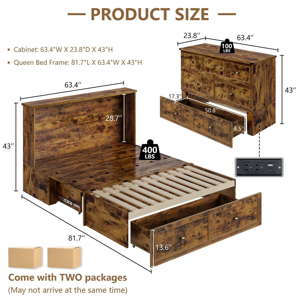 AMERLIFE Queen Size Murphy Bed, Farmhouse Wooden Cabinet with Charging Station and Storage Drawer for Bedroom/Office/Guest Room, Rustic Brown AMERLIFE