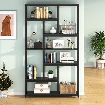 79-Inch Tribesigns 7-Tier Industrial Bookshelf with 10 Open Shelves in Black
