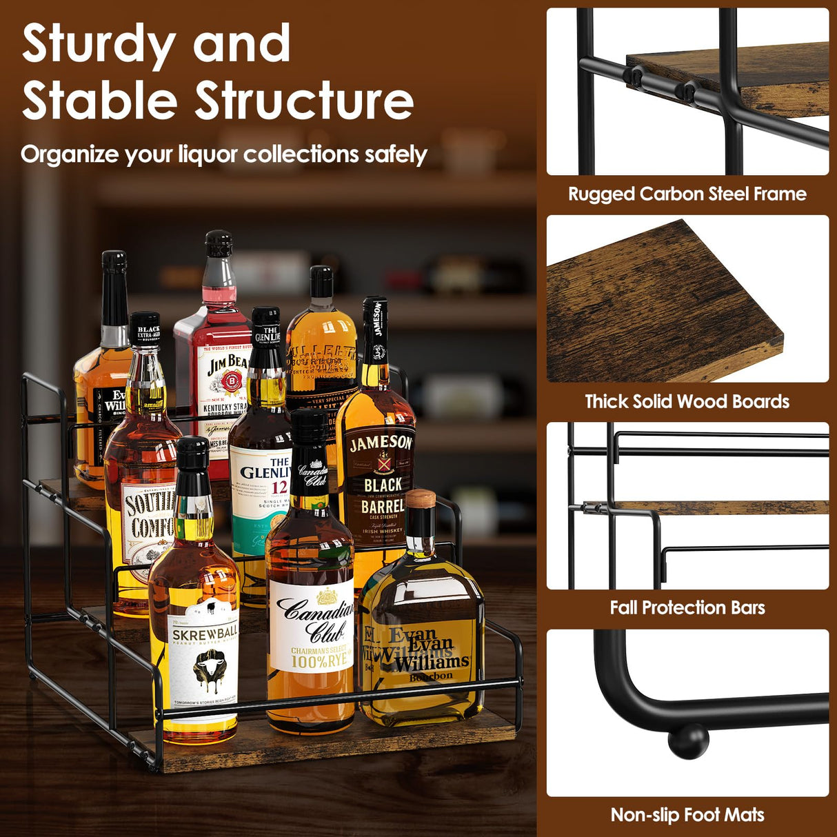 Nuovoware Liquor Bottle Display Shelf, 3-Tier Liquor Shelf, Carbon Steel Bar Cabinet with Wooden Base and Retainer Bar for Whiskey Syrup Wine, Wine Rack for Countertop Kitchen Coffee Bar, Black Nuovoware