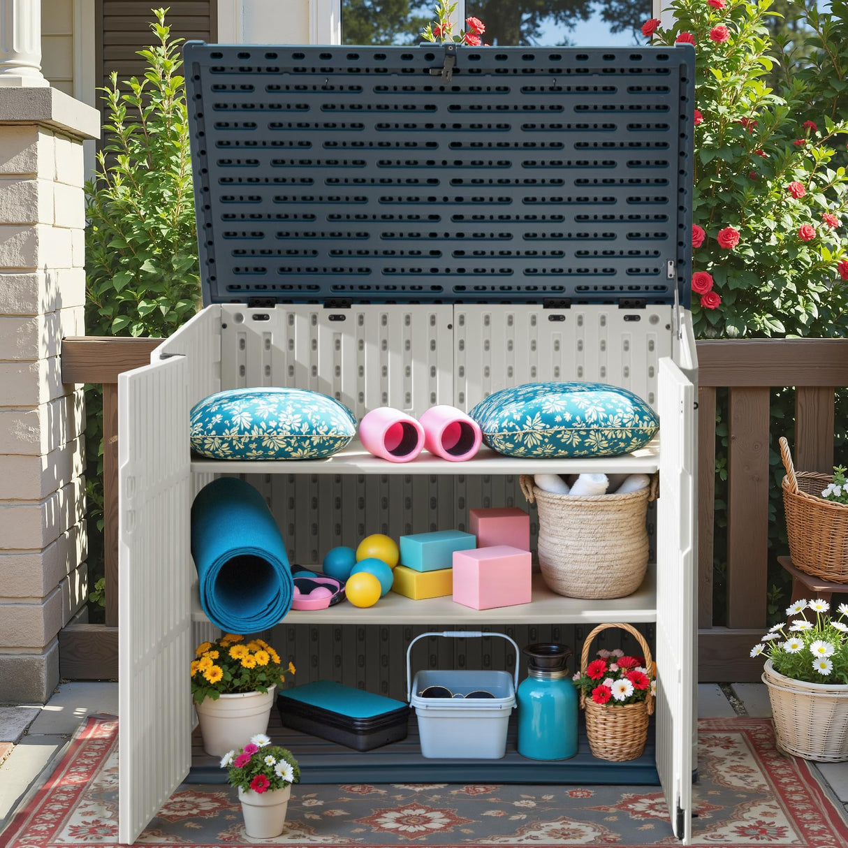 Greesum Outdoor Resin Storage Shed, 34 Cu.ft Horizontal Outdoor Storage Box Waterproof for Garden, Pool Storage, White Greesum
