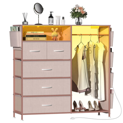 Espelism Dresser for Bedroom with Clothes Rack Side Pockets 5 Drawer Dresser with Charging Station LED Lights Black Storage Chest of Drawers for Hallway Closet Sturdy Steel Frame Wood Top (Pink)