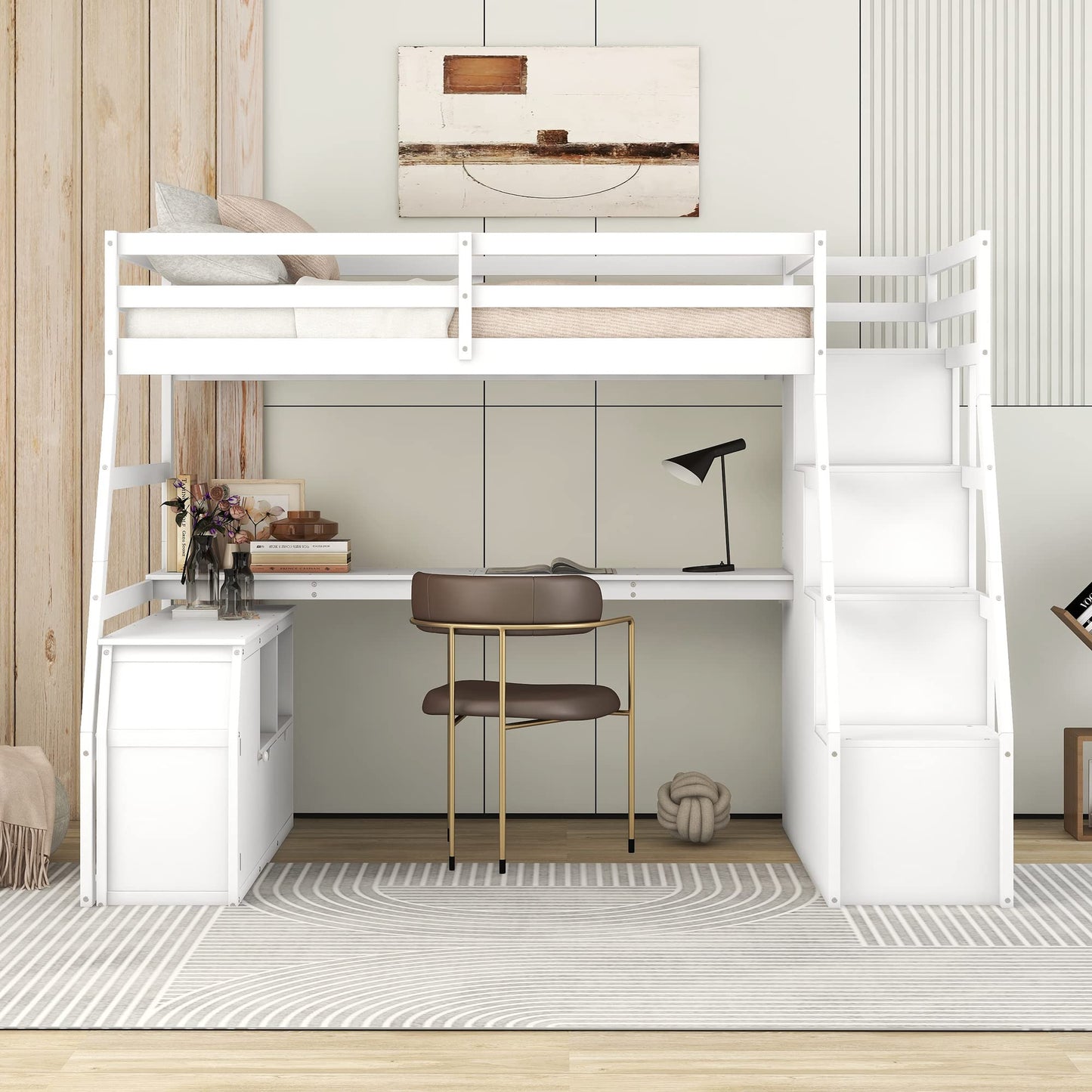 Harper & Bright Designs Twin Loft Bed with Stairs, Desk, and Storage – Solid Wood Frame in White